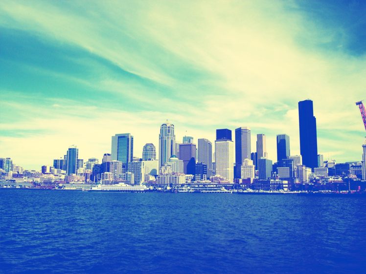 cityscapes, Skylines, Seattle, Buildings, Skyscrapers, Lomo, Blue, Skies HD Wallpaper Desktop Background