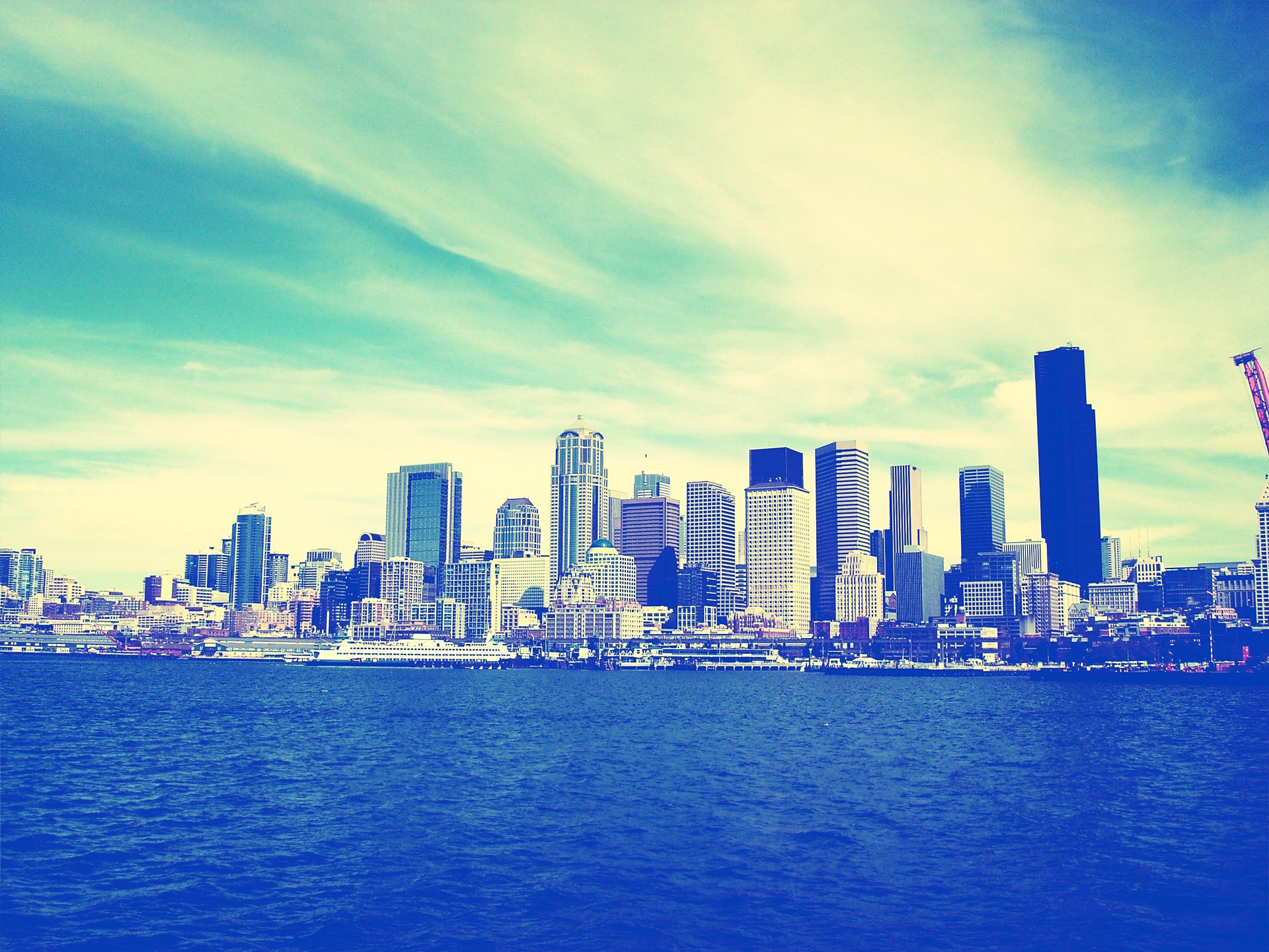 cityscapes, Skylines, Seattle, Buildings, Skyscrapers, Lomo, Blue, Skies Wallpaper
