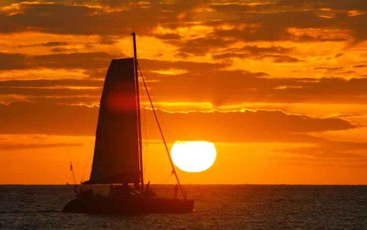 sunset, Clouds, Nature, Sun, Boats, Vehicles, Sea HD Wallpaper Desktop Background