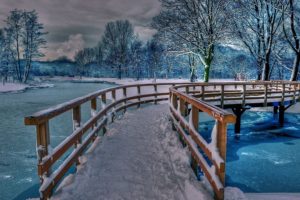 winter, Bridge, Blue, Snow