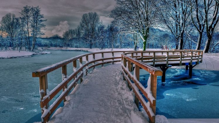 winter, Bridge, Blue, Snow HD Wallpaper Desktop Background