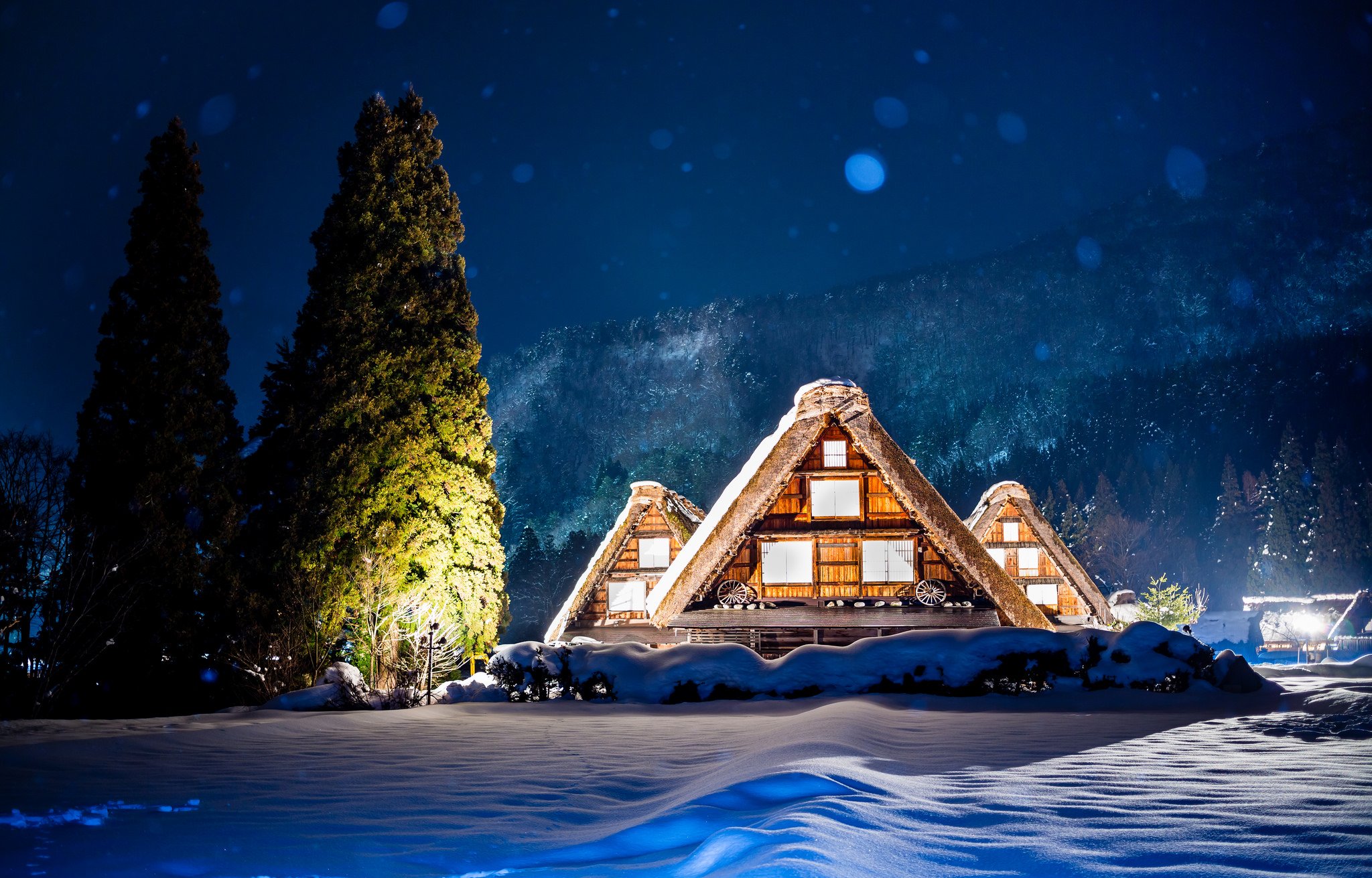 night, Lights, House, Trees, Mountains, Winter, Snow, Glare Wallpaper