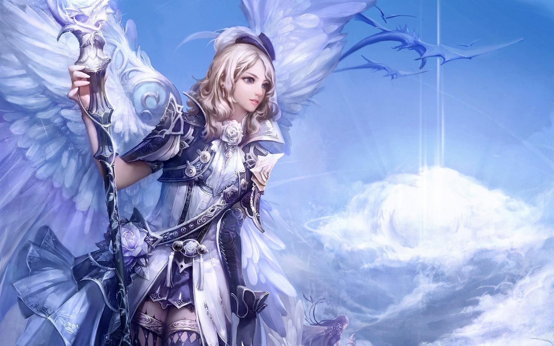 angel, Angel, White, Wings, Hat, Sash, Staff, Sky Wallpaper