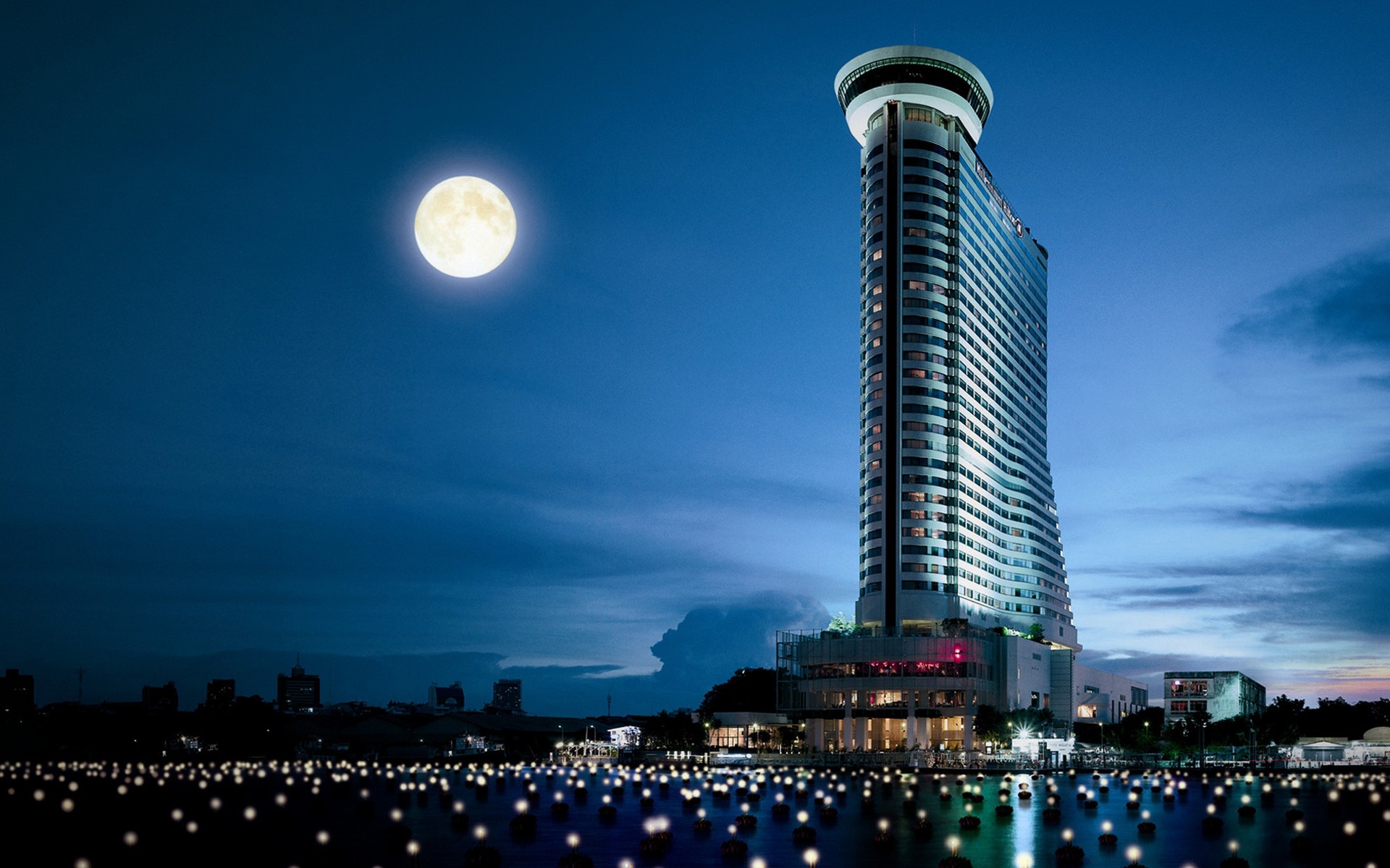 cityscapes, Lights, Architecture, Moon, Thailand, Hotels Wallpaper