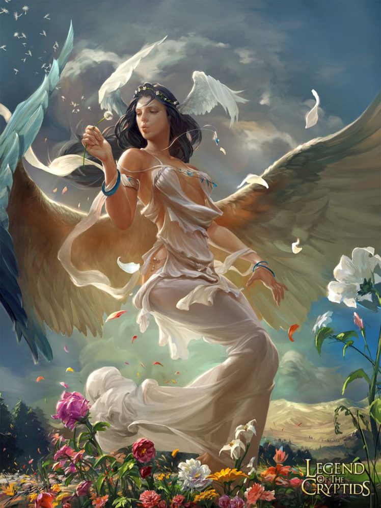angel, Fantasy, Girl, Sky, Wings, Flower, Long, Air HD Wallpaper Desktop Background