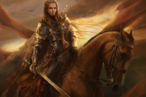 warrior, Girl, Horse, Fantasy, Sword