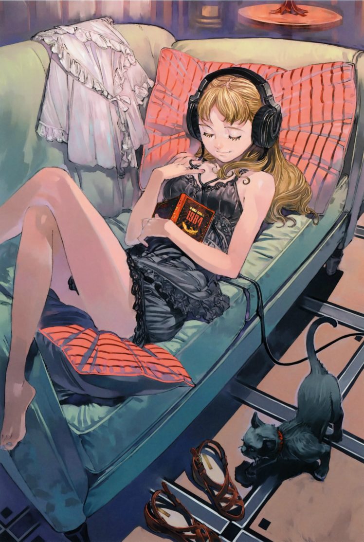 anime, Girl, Headphones, Cat, Animal, Book, Mood HD Wallpaper Desktop Background