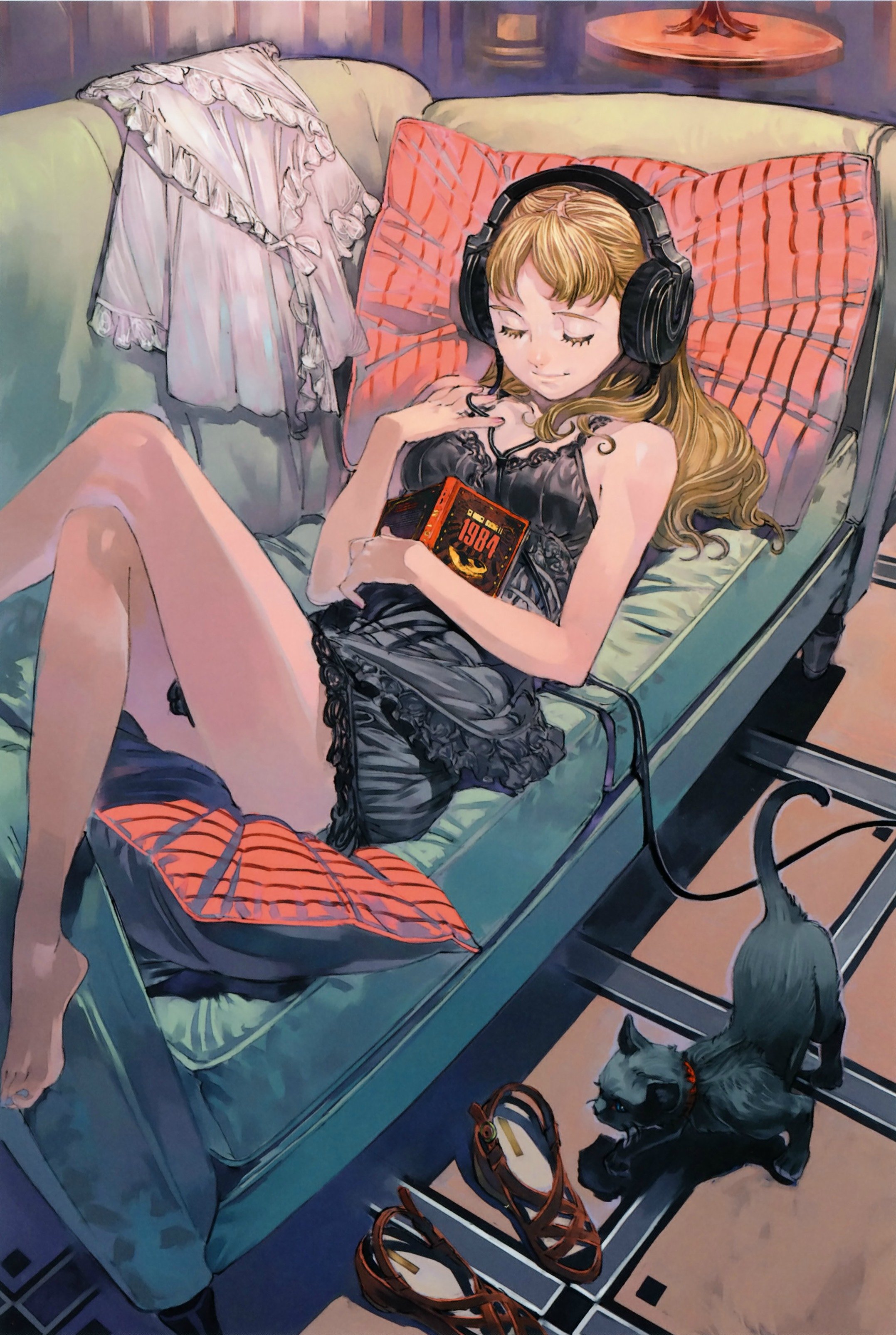 anime, Girl, Headphones, Cat, Animal, Book, Mood Wallpaper
