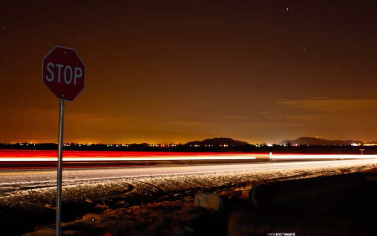 night, Desert, Roads, The, Edge, Long, Exposure, Stop, Signs, Light, Trails HD Wallpaper Desktop Background
