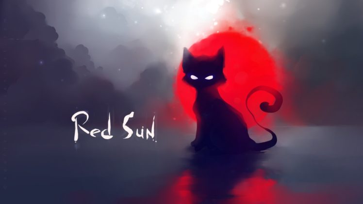 cat, Red, Sun, Art, Painting HD Wallpaper Desktop Background