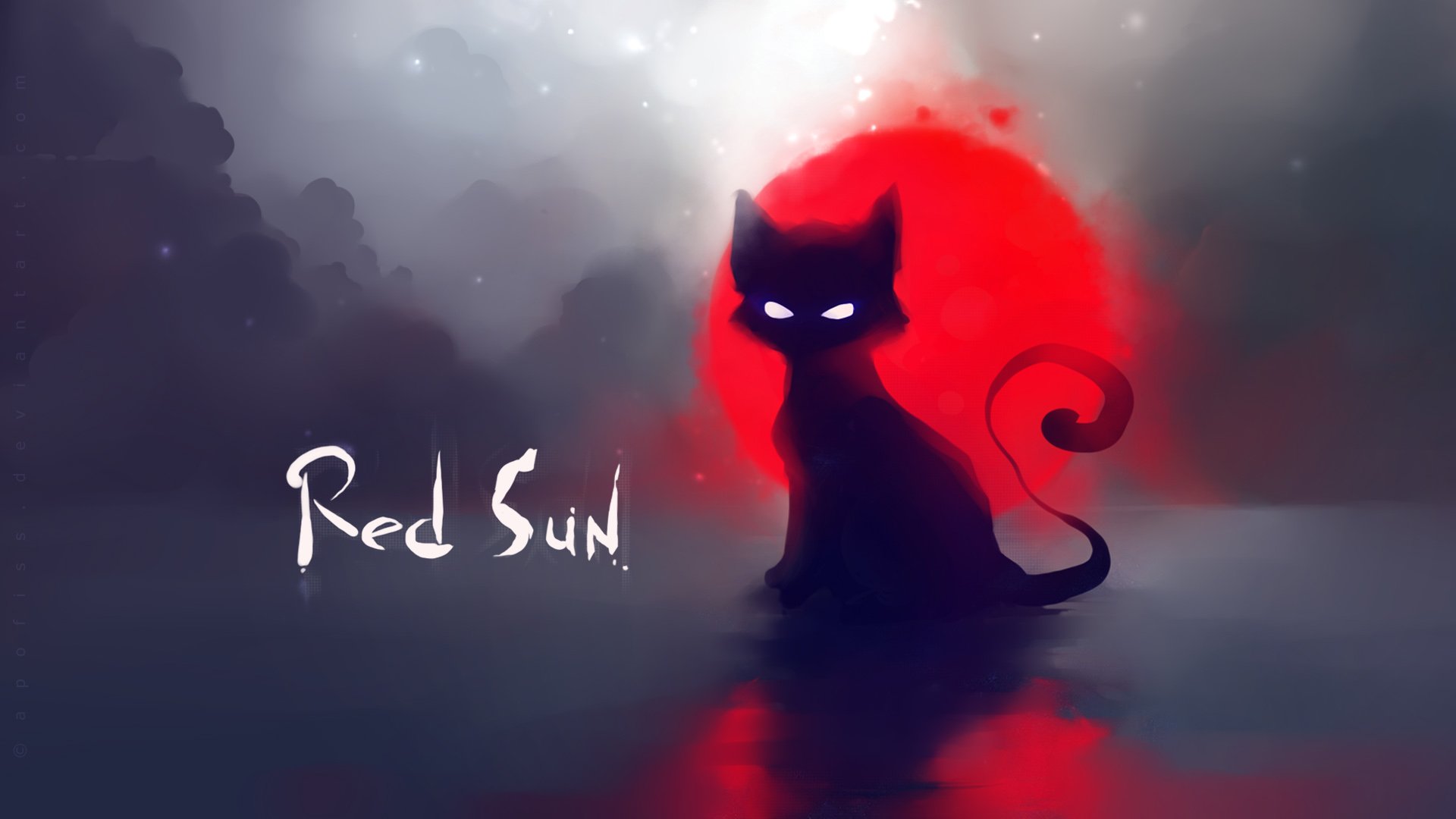 cat, Red, Sun, Art, Painting Wallpaper