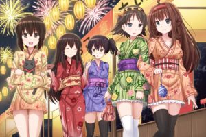 akagi,  kancolle , Animal, Breasts, Cat, Cleavage, Crossover, Hiei,  kancolle , Japanese, Clothes, Kaga,  kancolle , Kazenokaze, Nichijou, Thighhighs