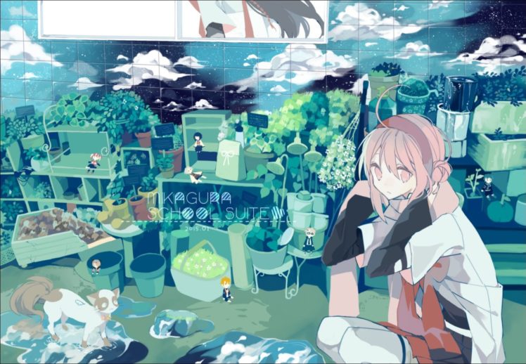 animal, Cat, Clouds, Headband, Leaves, Mikagura, Gakuen, Kumikyoku, Pink, Eyes, Pink, Hair HD Wallpaper Desktop Background