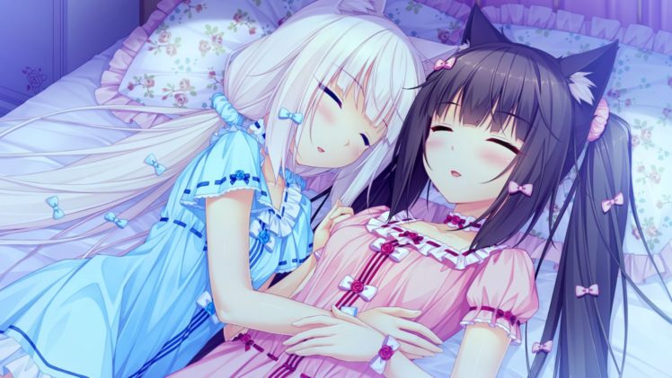 girls, Animal, Ears, Bed, Catgirl, Chocola,  sayori , Game, Cg, Long, Hair, Nekopara, Sayori, Sleeping, Vanilla,  sayori HD Wallpaper Desktop Background