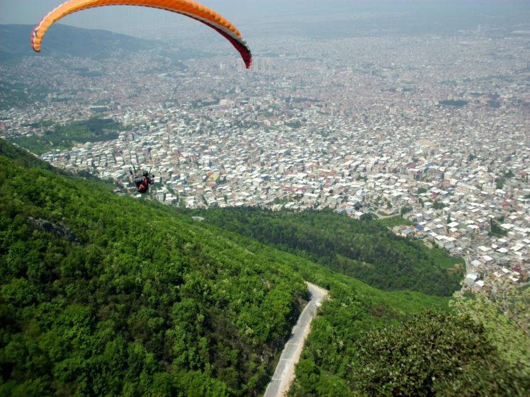 bursa, Turkey, Houses, Paragliding, Mountain, Road, Sport, Green, Forest HD Wallpaper Desktop Background