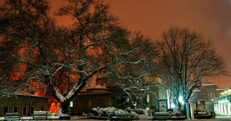 ulu, Cami, Bursa, Turkey, City, Night, Snow, Winter, Tree, Beautiful, Landscape HD Wallpaper Desktop Background