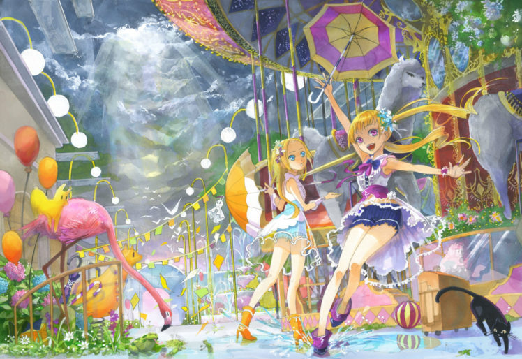 girls, Animal, Cat, Kyouya, Kakehi, Original, Umbrella, Water HD Wallpaper Desktop Background