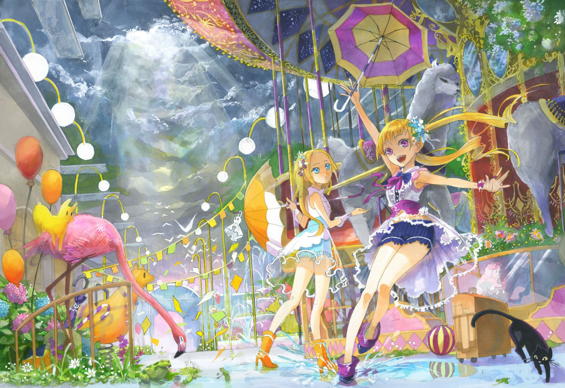girls, Animal, Cat, Kyouya, Kakehi, Original, Umbrella, Water Wallpaper