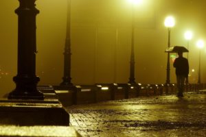 city, Fog, Man, Umbrella, Rain, Night