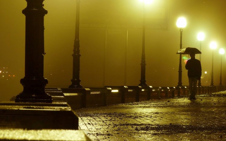 city, Fog, Man, Umbrella, Rain, Night HD Wallpaper Desktop Background