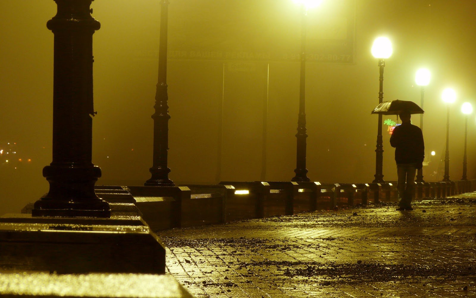 city, Fog, Man, Umbrella, Rain, Night Wallpaper