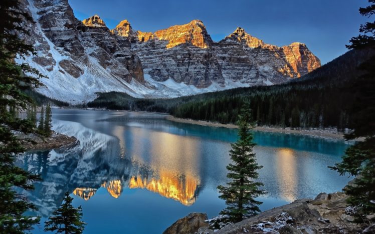 mountains, Reflection, Lakes, Shore, Trees, Sunset, Sunrise, Landscapes HD Wallpaper Desktop Background