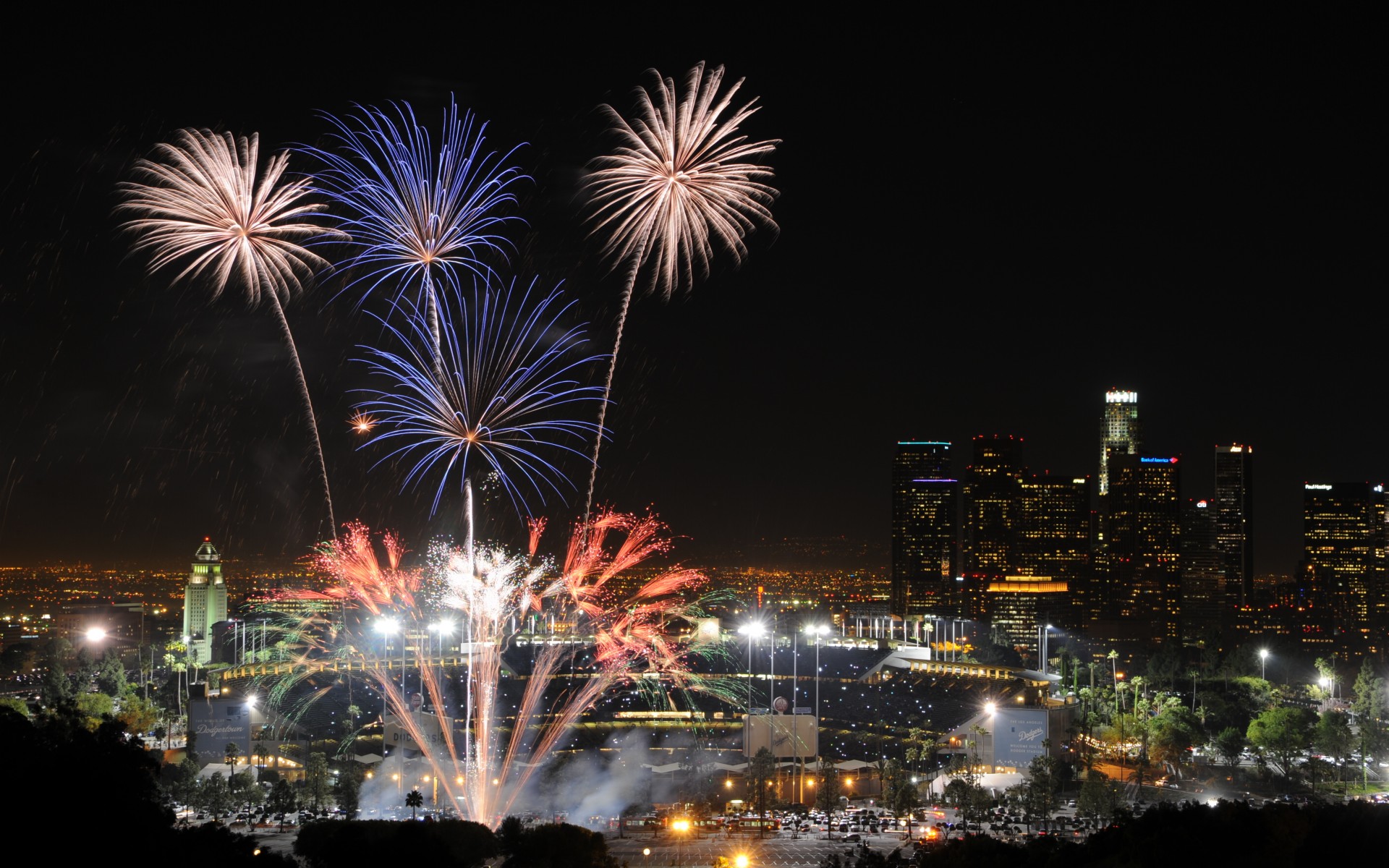 usa, California, Los, Angeles, Night, Lights, Fireworks, Holidays, Fourth, July, New, Year, Cities, Buildings, Skyscrapers, Explosion Wallpaper