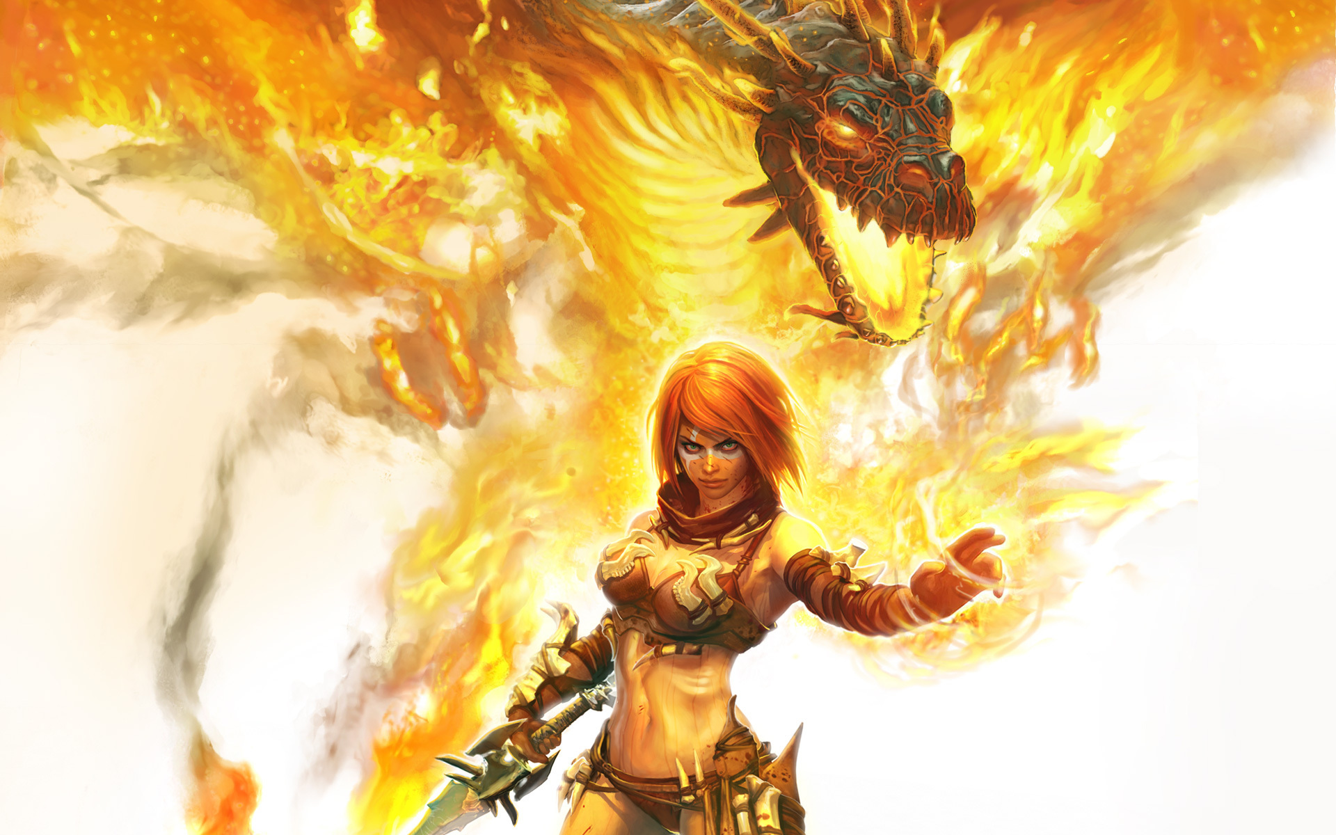 golden, Axe, Beast, Rider, Girl, Fire, Dragon, Head, Magic, Sword, Fantasy Wallpaper