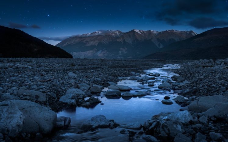 night, Sky, Stars, Mountain, Landscape, Stone, River HD Wallpaper Desktop Background