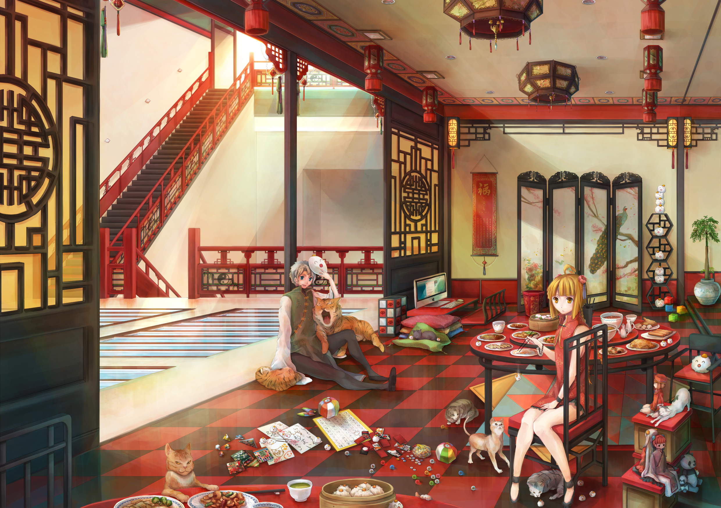 animal, Cat, Chinese, Clothes, Chinese, Dress, Computer, Haboshi, Hitomi, Original Wallpaper