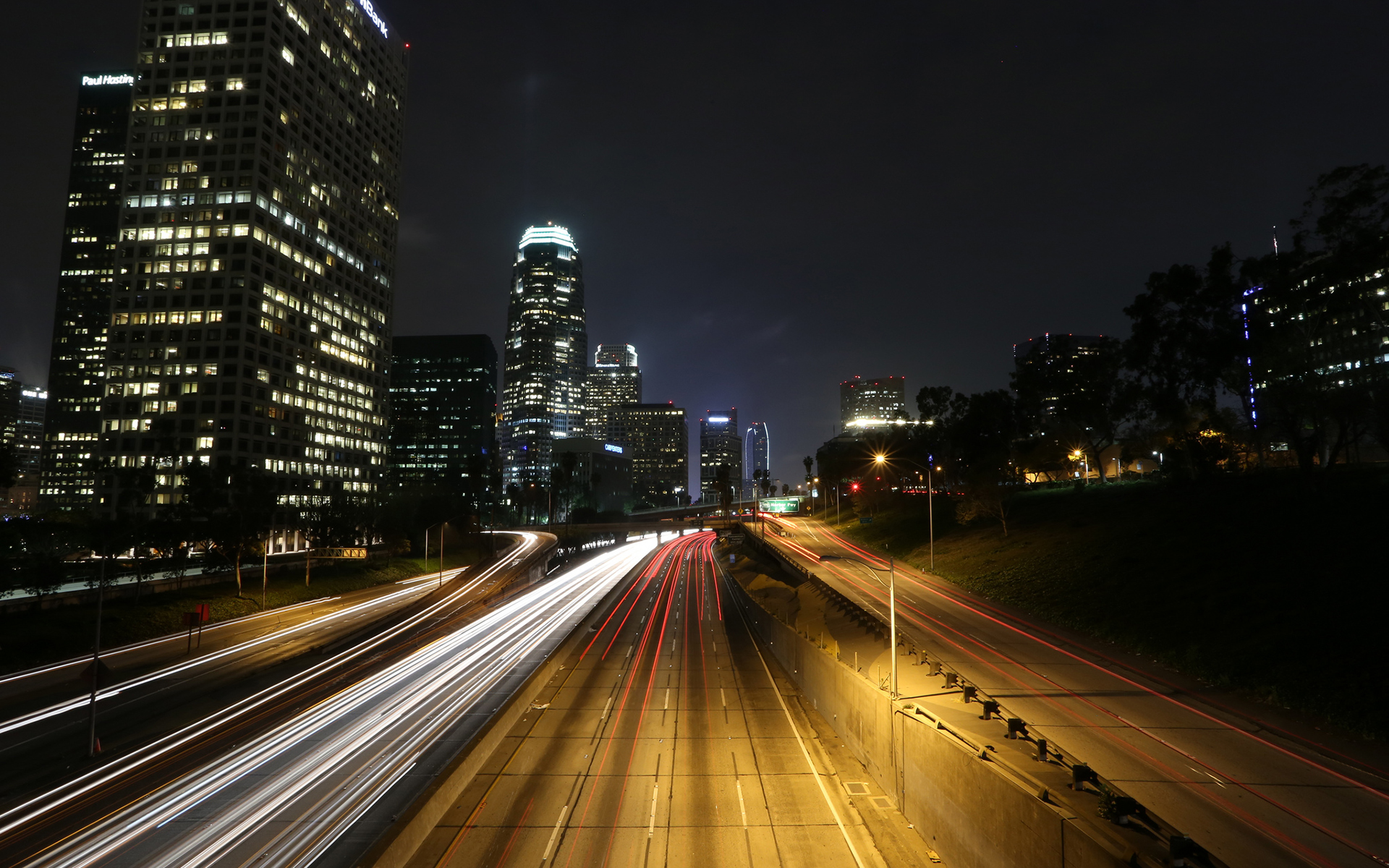 buildings, Skyscrapers, Night, Freeway, Highway, Lights, Roads, Cities, Timelapse Wallpaper