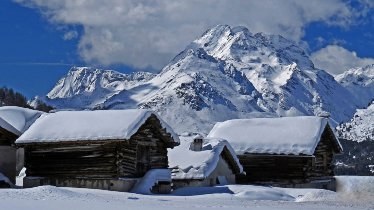 cabin, Mountain, Snow, Winter, Buildings, Houses, Landscapes, Sky, Clouds HD Wallpaper Desktop Background