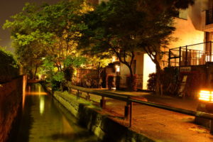 canal, Night, Asian, Building, Lights, Trees, Reflection, Oriental, Houses