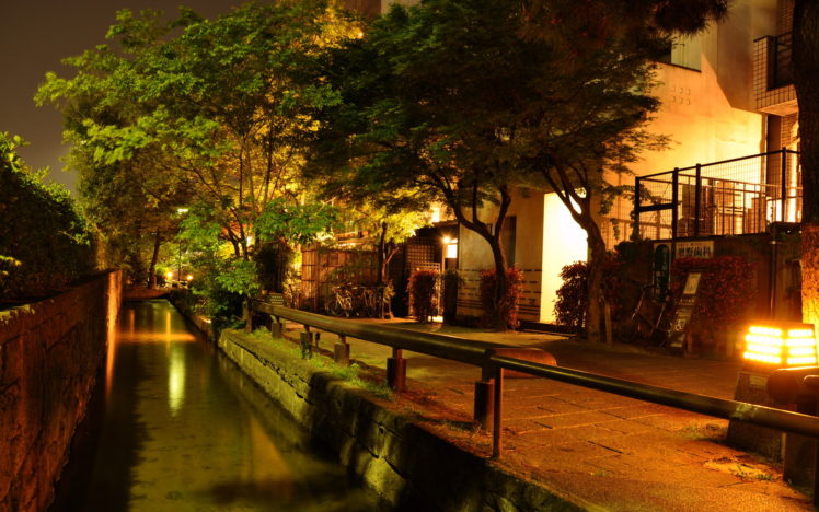 canal, Night, Asian, Building, Lights, Trees, Reflection, Oriental, Houses HD Wallpaper Desktop Background