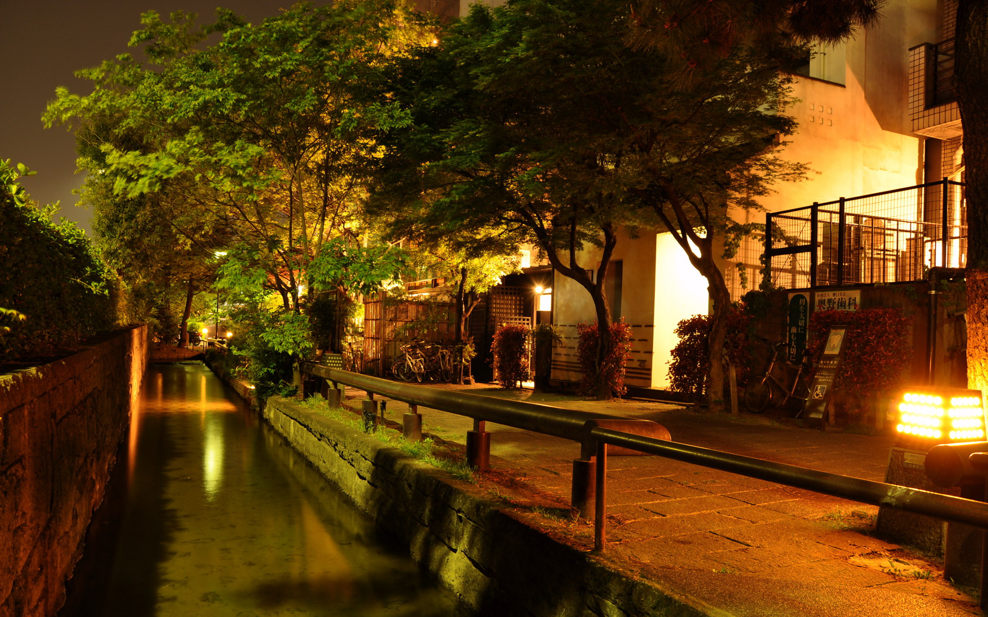 canal, Night, Asian, Building, Lights, Trees, Reflection, Oriental, Houses Wallpaper