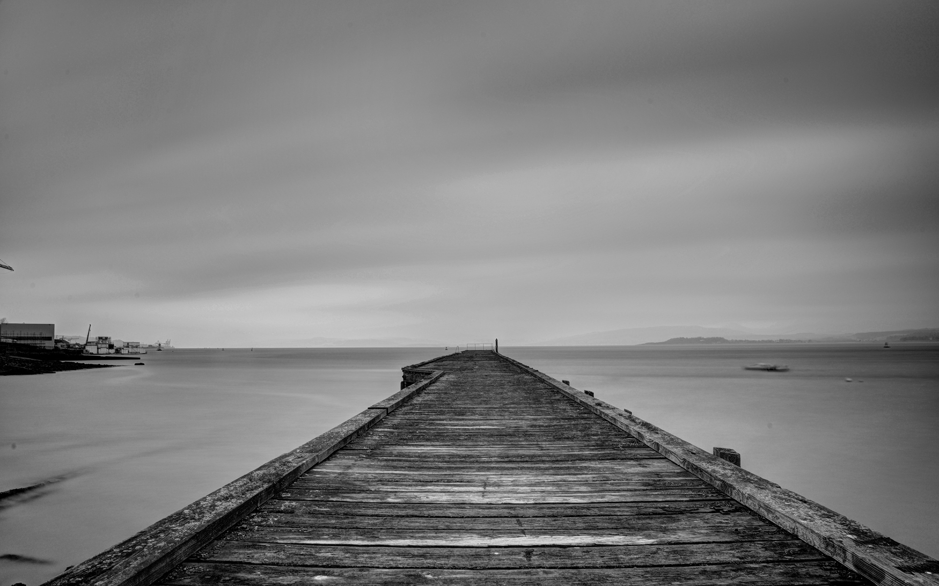 dock, Lake, Black, White, Architecture, Buildings, Sky, Clouds Wallpaper