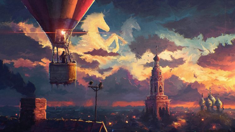 fantasy, City, Sky, Cloud, Balloon, Horse HD Wallpaper Desktop Background