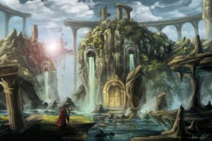 fantasy, Waterfall, Landscapes, Buildings, Castle, Rivers, Architecture, Wizard, Mage, Magicains, Sorcerer, Art