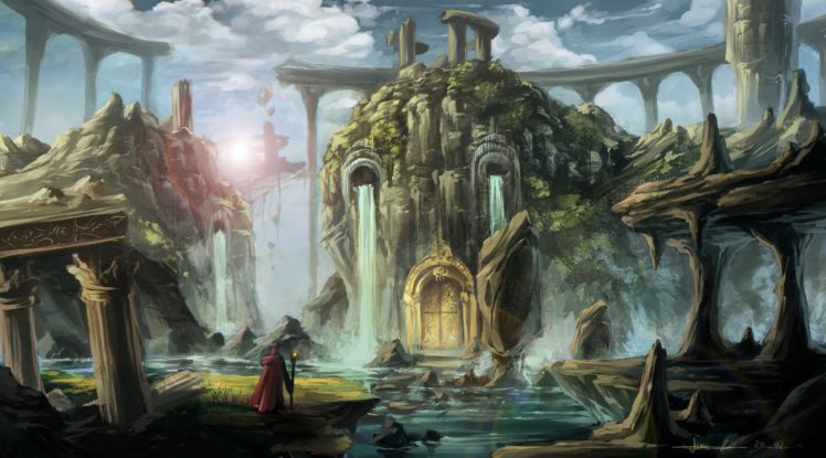 fantasy, Waterfall, Landscapes, Buildings, Castle, Rivers, Architecture, Wizard, Mage, Magicains, Sorcerer, Art HD Wallpaper Desktop Background