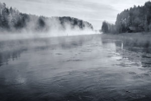 lake, Steam, Bw, Trees, Winter, Snow, Fog, Ice, Sky, Buildings, Cabin, Houses, Shore, Trees, Forest, Landscapes