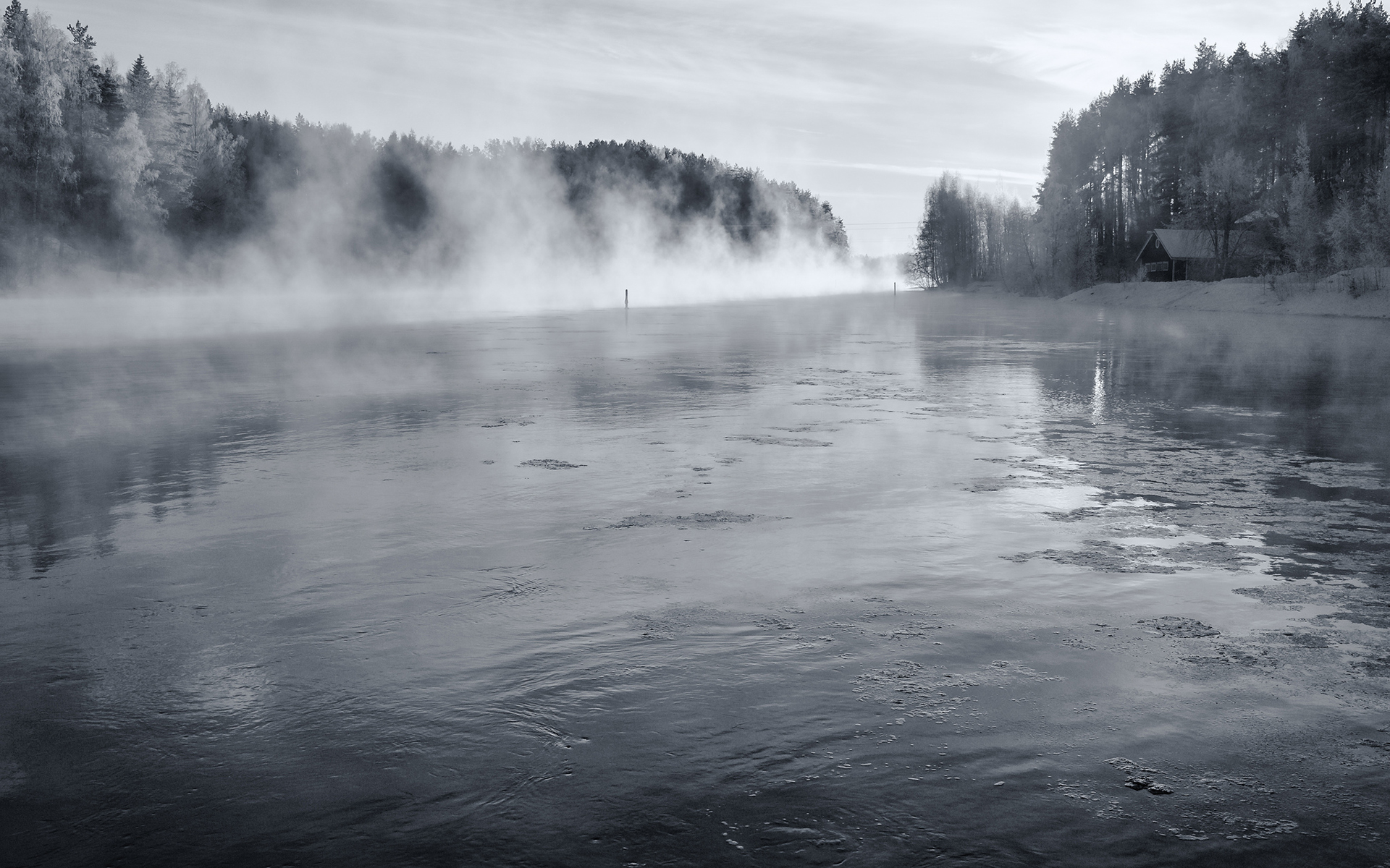 lake, Steam, Bw, Trees, Winter, Snow, Fog, Ice, Sky, Buildings, Cabin, Houses, Shore, Trees, Forest, Landscapes Wallpaper