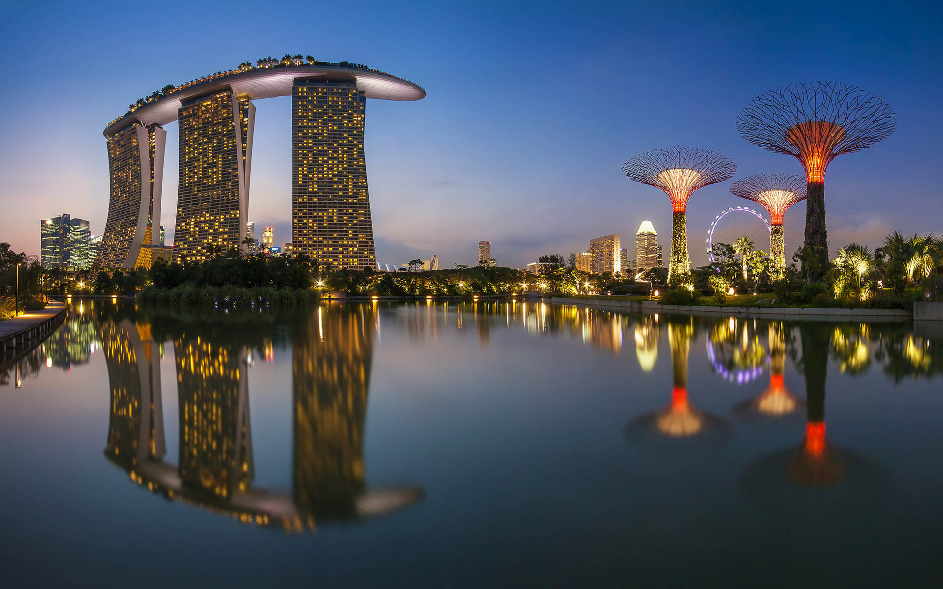 singapore, City, Buildings, Night, Sea, Reflection, Lights, Ferris, Wheel, Water, Harbor, Bay Wallpaper