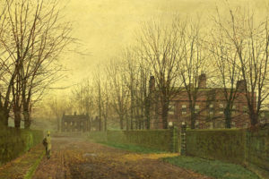 street, Painting, John, Atkinson, Grimshaw, Alley, Autumn, Buildings, Houses, Girls, Women, Females, Roads, Fall, Fence, Architecture
