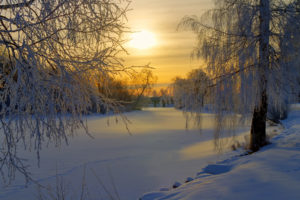 sweden, Winter, Snow, Frost, Forest, Trees, Meadow, Morning, Sun, Sunrise, Rivers, Lakes, Sky, Clouds