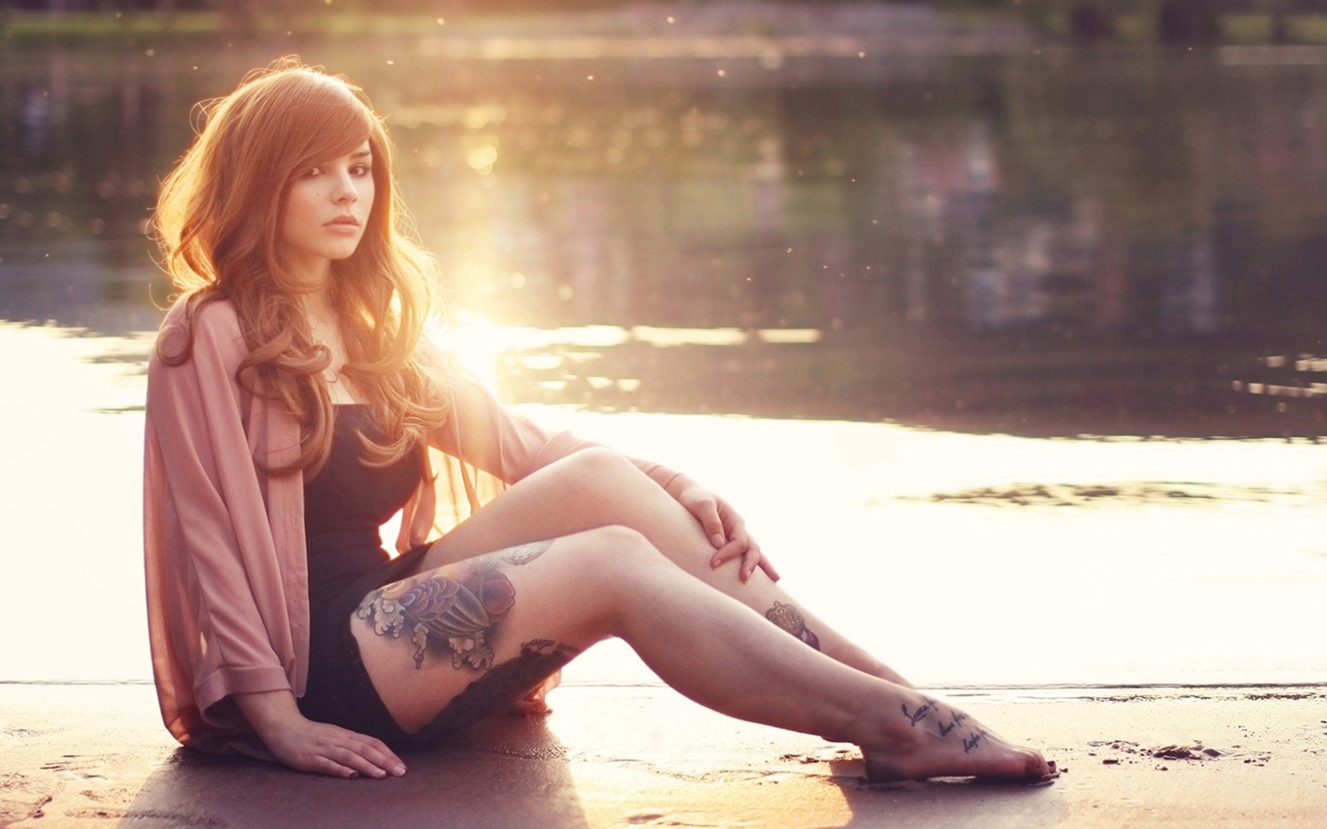 sensuality,  , Girl, Tattoo, Lake, Sand Wallpaper