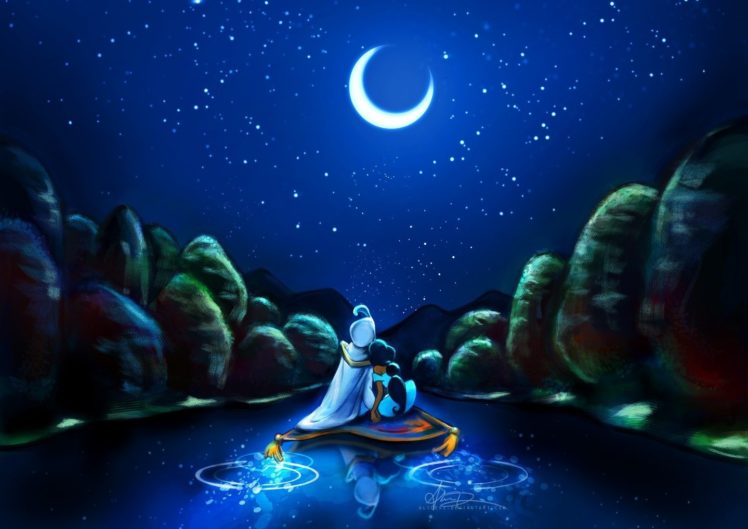 disney, Company, Stars, Flying, Moon, Carpet, Artwork, Aladdin, Rivers, Princess, Jasmine, Night, Sky, Alice HD Wallpaper Desktop Background
