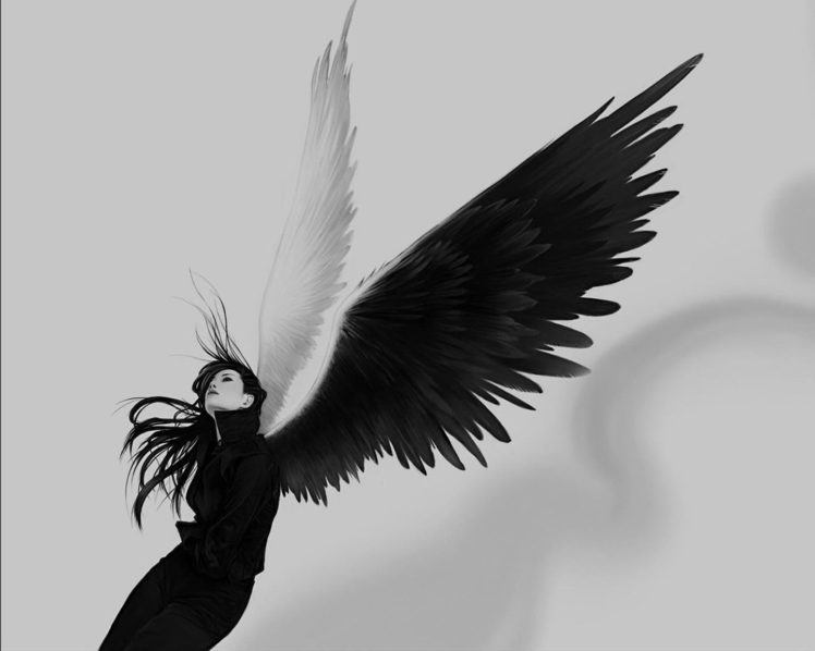 white, Black, Angel, Girl, Long, Hair, Fantasy, Wings HD Wallpaper Desktop Background