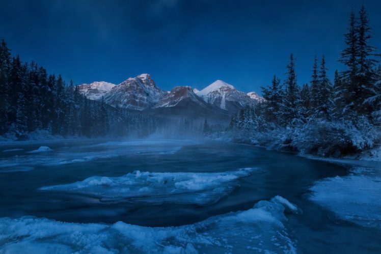 alberta, Canada, Rocky, Mountains, River, Mountain, Forest, Winter, Ice, Floes HD Wallpaper Desktop Background