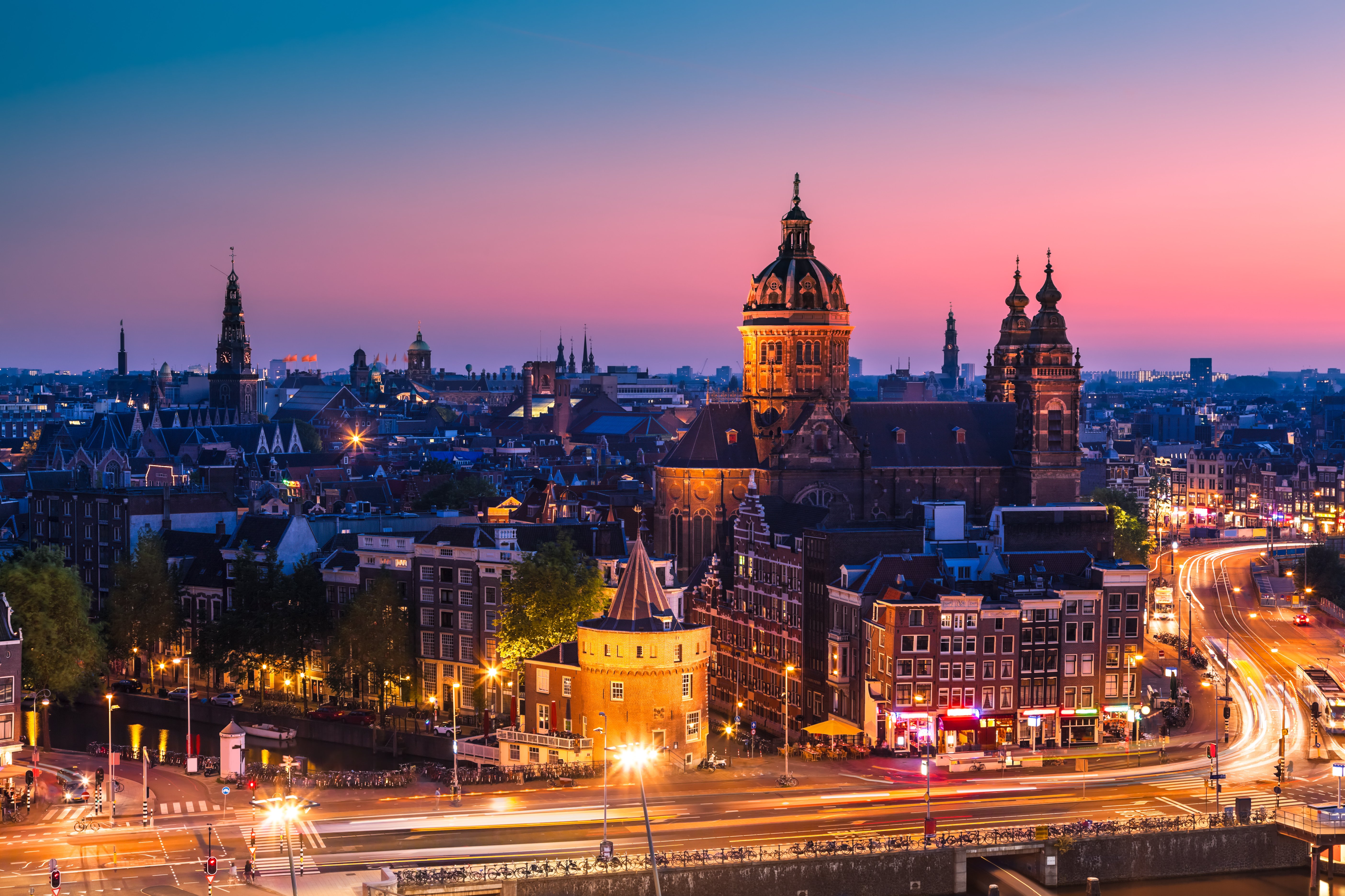 amsterdam, Nederland, Amsterdam, Netherlands, City, Night, Sunset, Home, Church, Cathedral, Buildings, Roofs, Roads, Cars, Street, Lights, Exposure Wallpaper