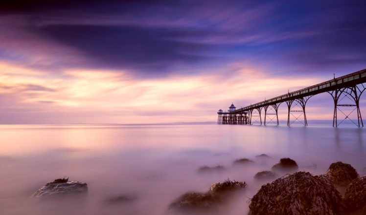 england, Somerset, County, Bay, Beach, Pier, Night, Pink, Blue, Sky, Clouds, Lighthouse HD Wallpaper Desktop Background